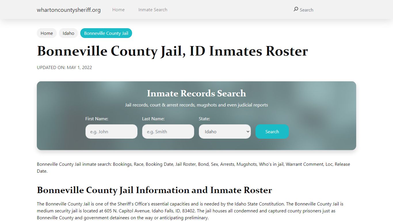 Bonneville County Jail, ID Jail Roster, Name Search